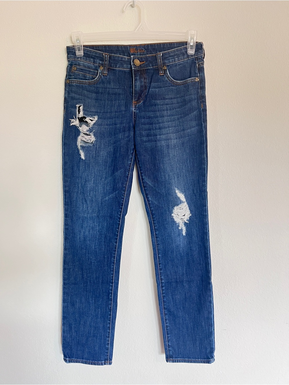 Kut From The Kloth Distressed Dark Blue Jeans, Straight Leg, Size 4